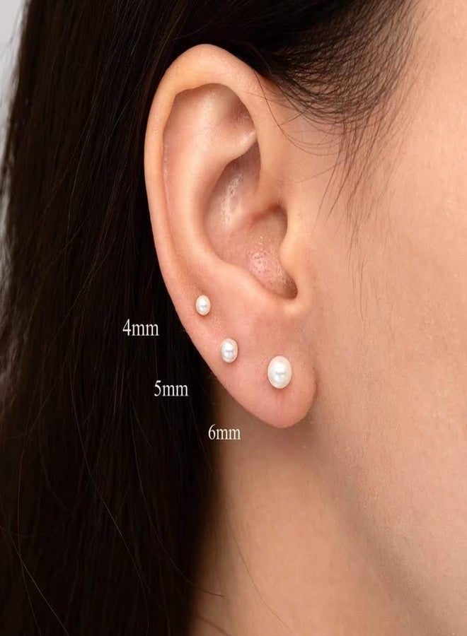 Renkovte Dainty Flat Screw Back Pearl Stud Earring Set for Multiple Piercing|3Pairs Pearl Earrings for Helix Tragus Cartilage Piercing for Women Girls|Secure Twist Back Sleep Earrings(4mm+5mm+6mm Pearl, Gold) - Image 3
